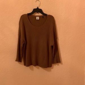 CAbi Luna Brown short pull over sweater in rib knit.
